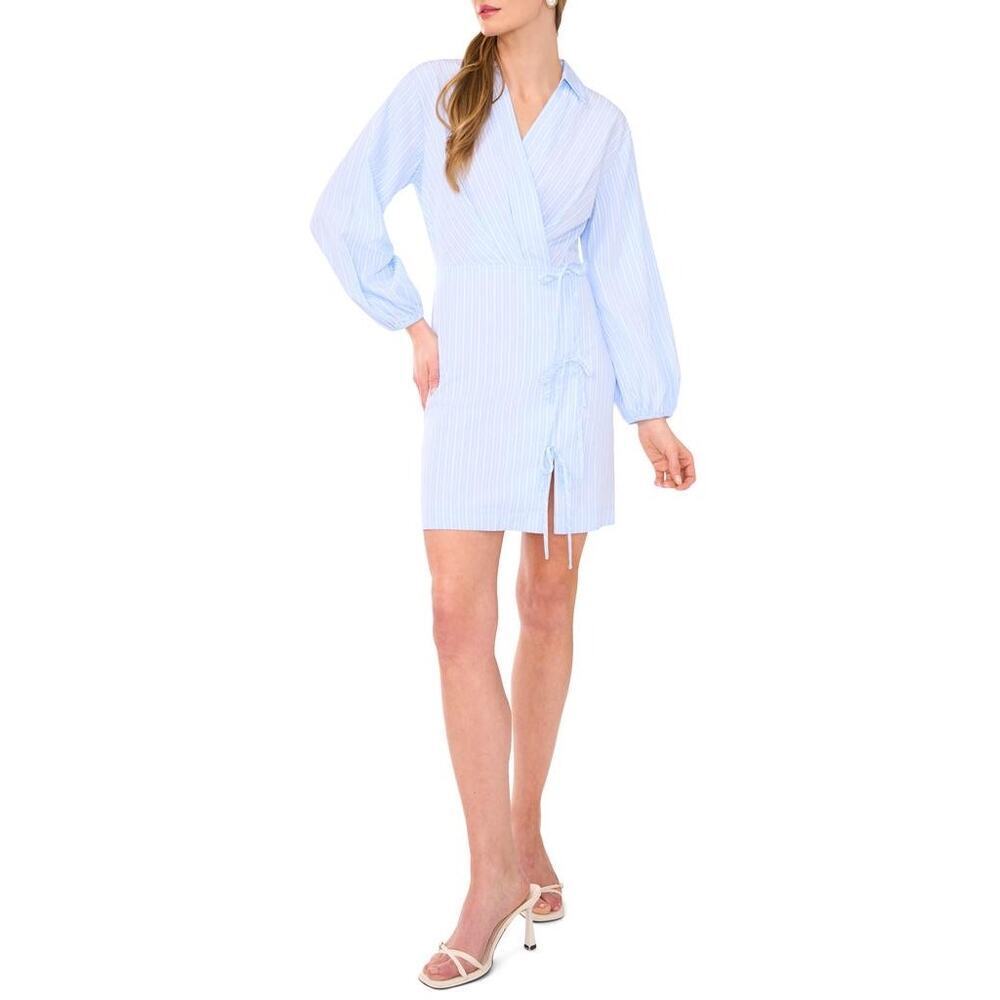 1.State Wrap Dress Striped Cotton Blend Long Sleeve in Blue & White Women's XL